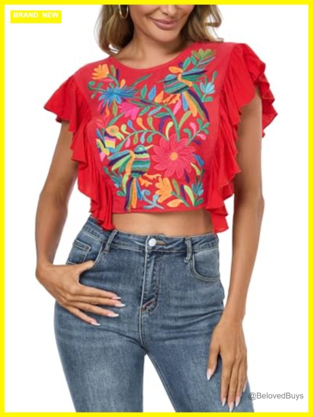 Women's Embroidered Boho Crop Top Ruffle Sleeve Backless Rayon